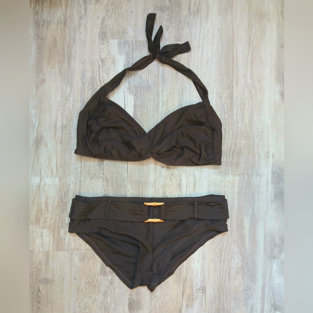Vintage Y2K Brown Bikini Set XL | Twist Front Top Belted Bottoms Bamboo Buckle